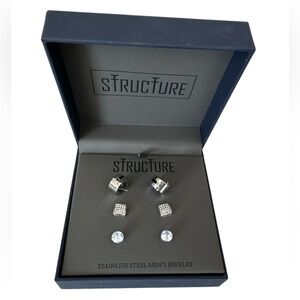Structure Men’s Stainless Steel Earring Set – 3 Pairs (Missing One Backing)